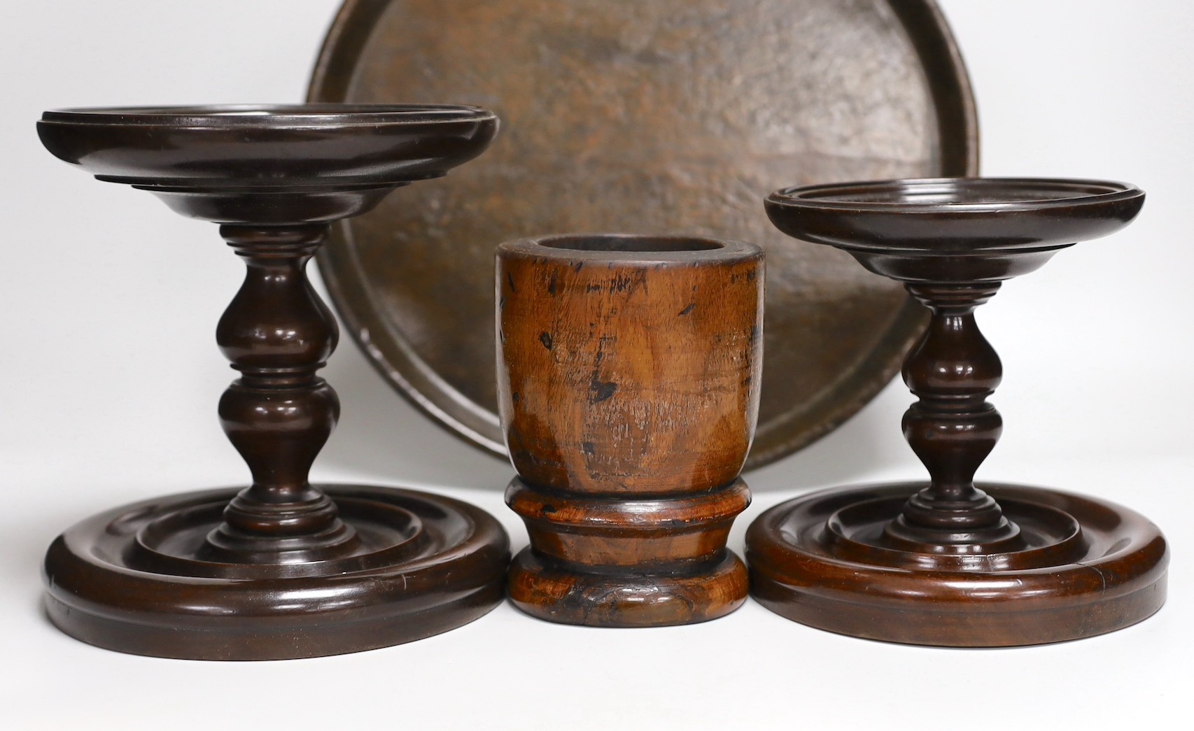 19th century and later treen including two mahogany candlestands, a spice tower and sycamore dish (6 in total)